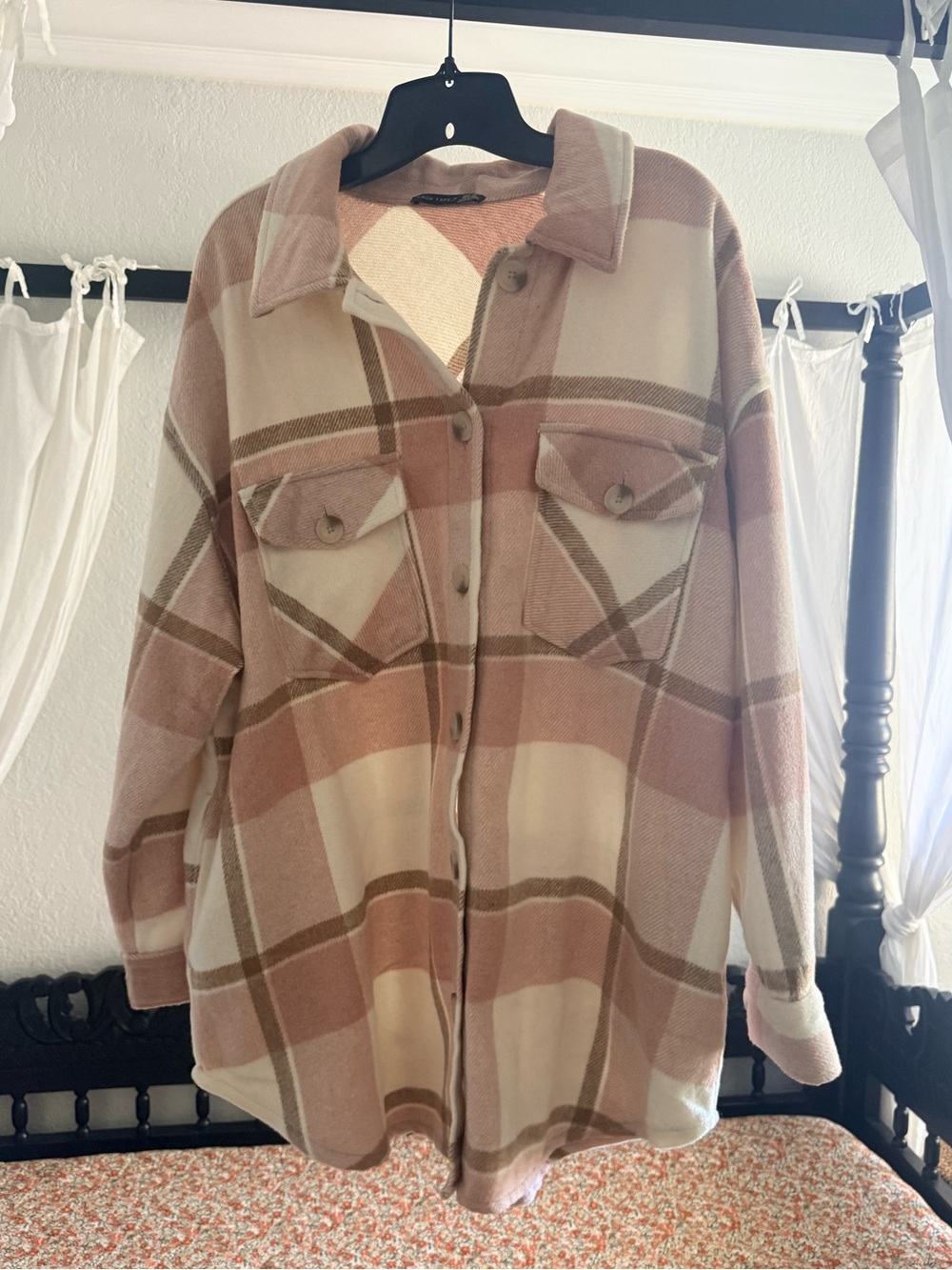 Black Tape_ Pink and Cream Plaid Button-Up Shacket